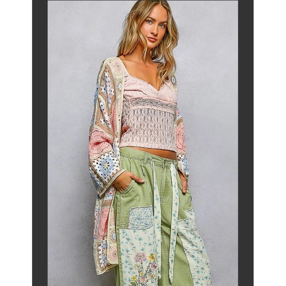 POL New Long Sleeve Granny Square Crochet Open Cardigan Pink One Size - Picture 4 of 7